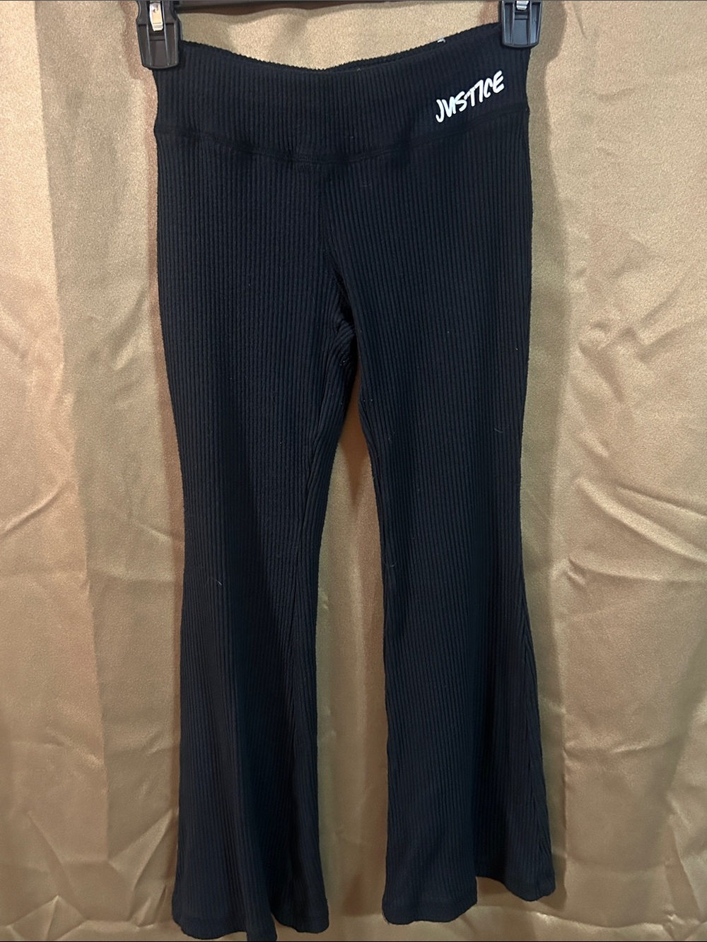 Justice Black Ribbed Flare Leggings with White Logo Script